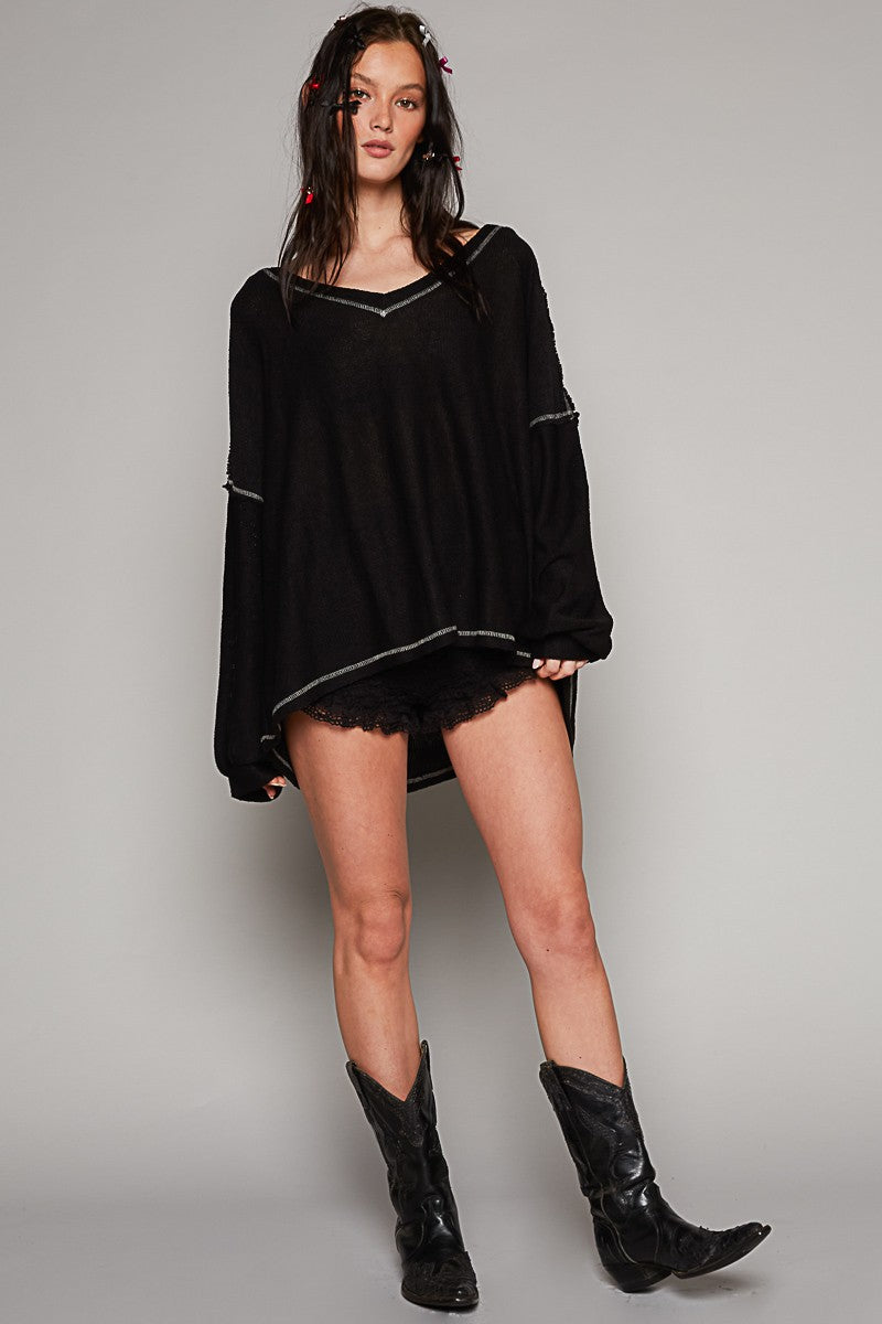 POL Oversize Fit Long Sleeve Overlock Detail Knit Top