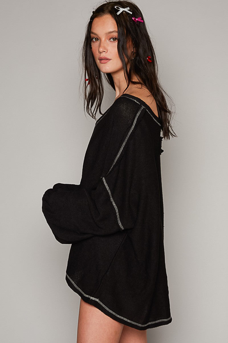 POL Oversize Fit Long Sleeve Overlock Detail Knit Top