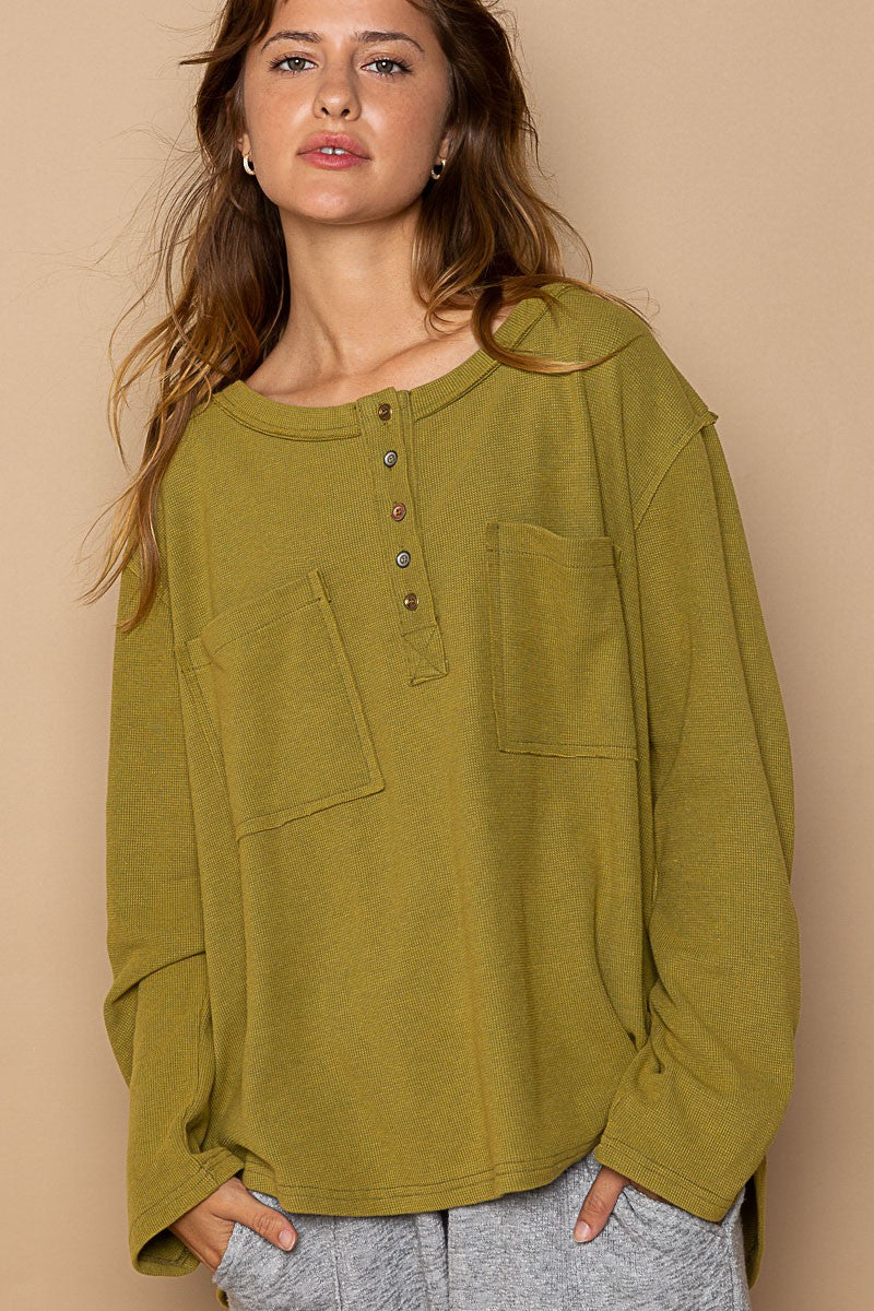 POL Oversized Round Neck Long Sleeve Thermal Solid Top