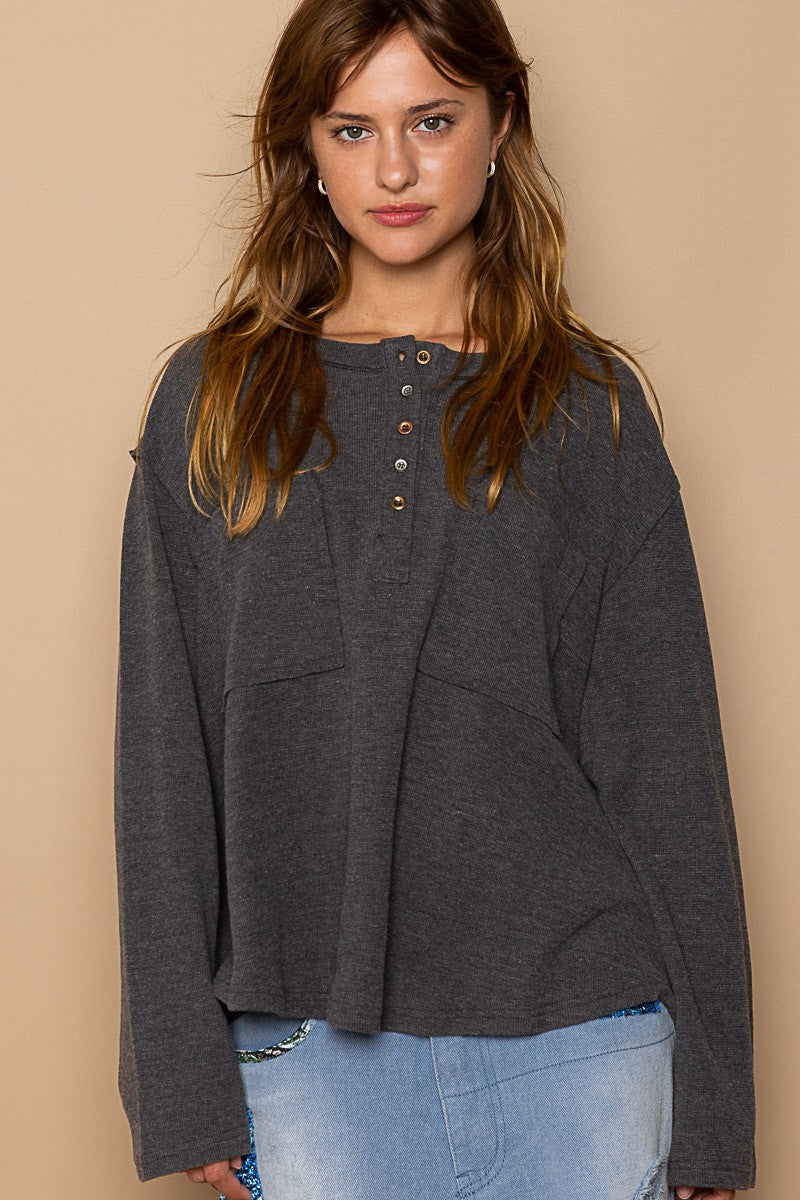 POL Oversized Round Neck Long Sleeve Thermal Solid Top