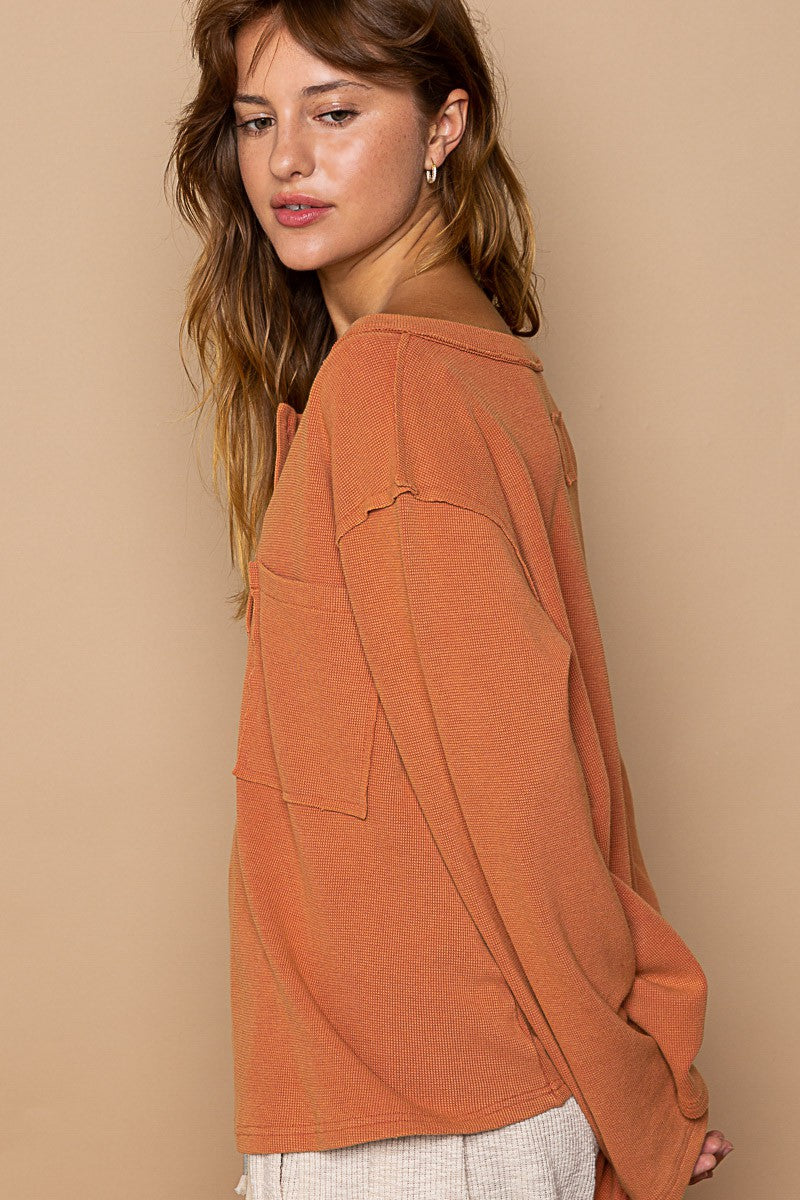 POL Oversized Round Neck Long Sleeve Thermal Solid Top