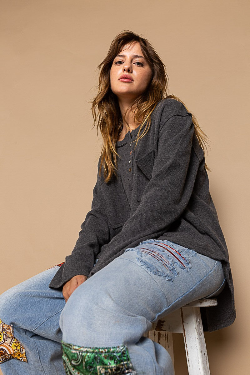 POL Oversized Round Neck Long Sleeve Thermal Solid Top