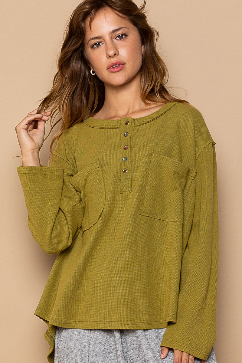 POL Oversized Round Neck Long Sleeve Thermal Solid Top