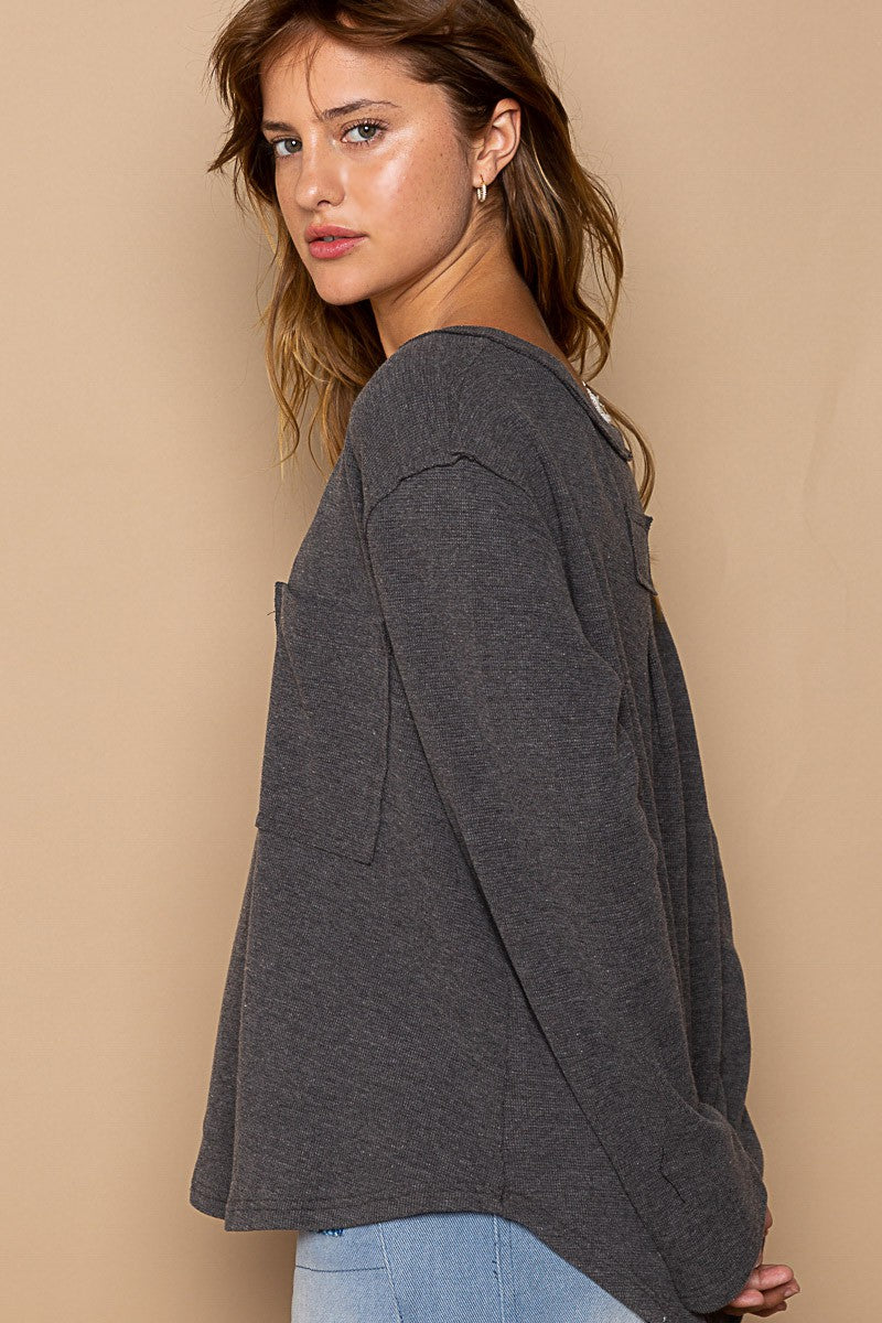 POL Oversized Round Neck Long Sleeve Thermal Solid Top