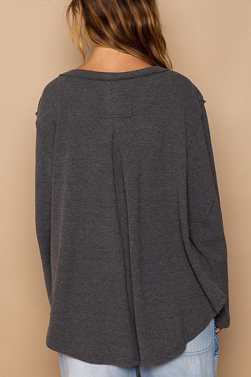 POL Oversized Round Neck Long Sleeve Thermal Solid Top