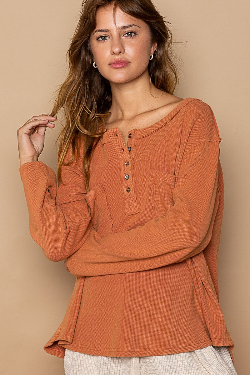 POL Oversized Round Neck Long Sleeve Thermal Solid Top