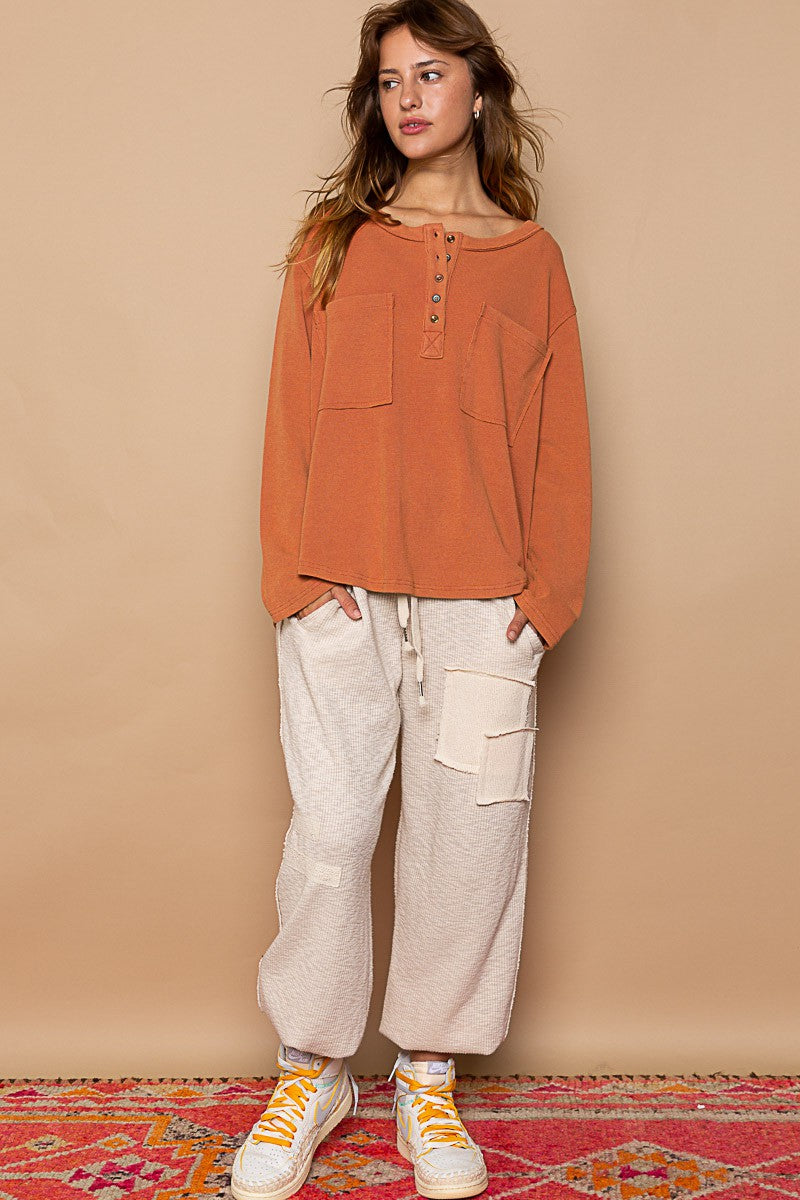 POL Oversized Round Neck Long Sleeve Thermal Solid Top