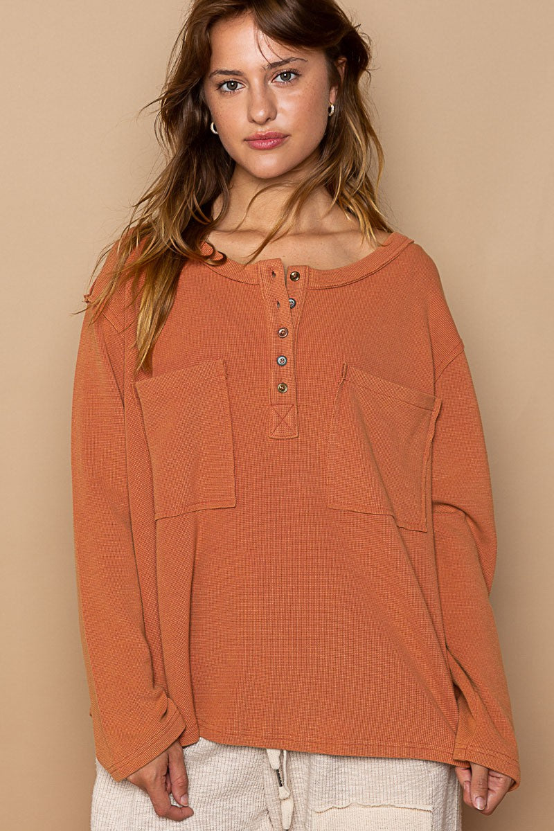 POL Oversized Round Neck Long Sleeve Thermal Solid Top