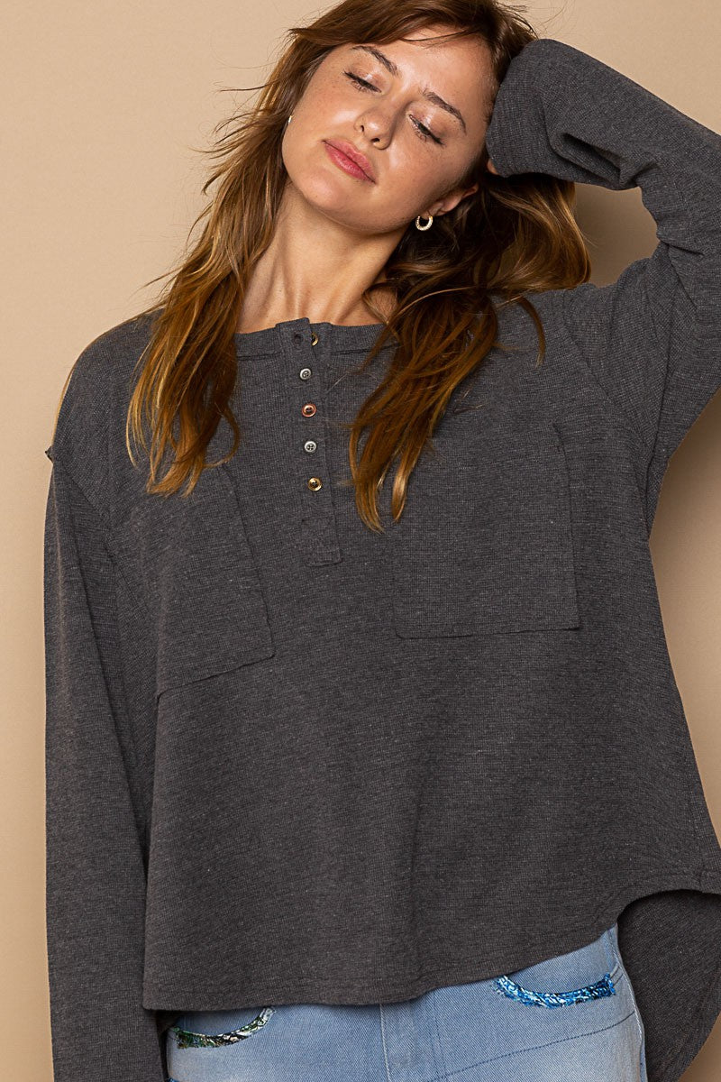 POL Oversized Round Neck Long Sleeve Thermal Solid Top