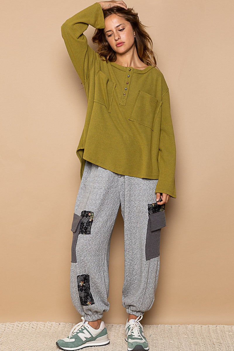 POL Oversized Round Neck Long Sleeve Thermal Solid Top