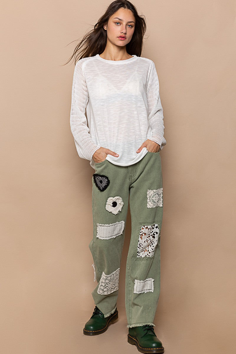 POL Raglan Round Neck Solid Long Sleeve Top