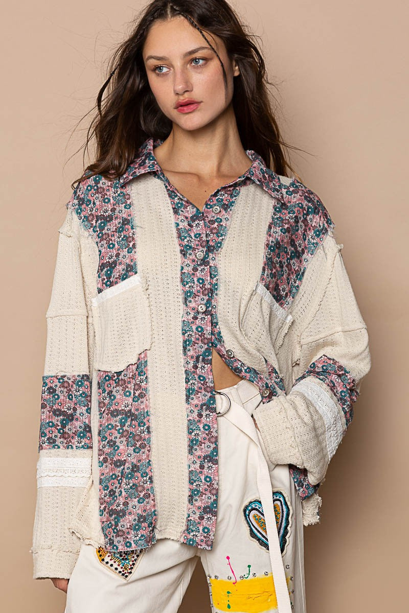 POL Cut And Sew Floral Print Button Down Shirt Top