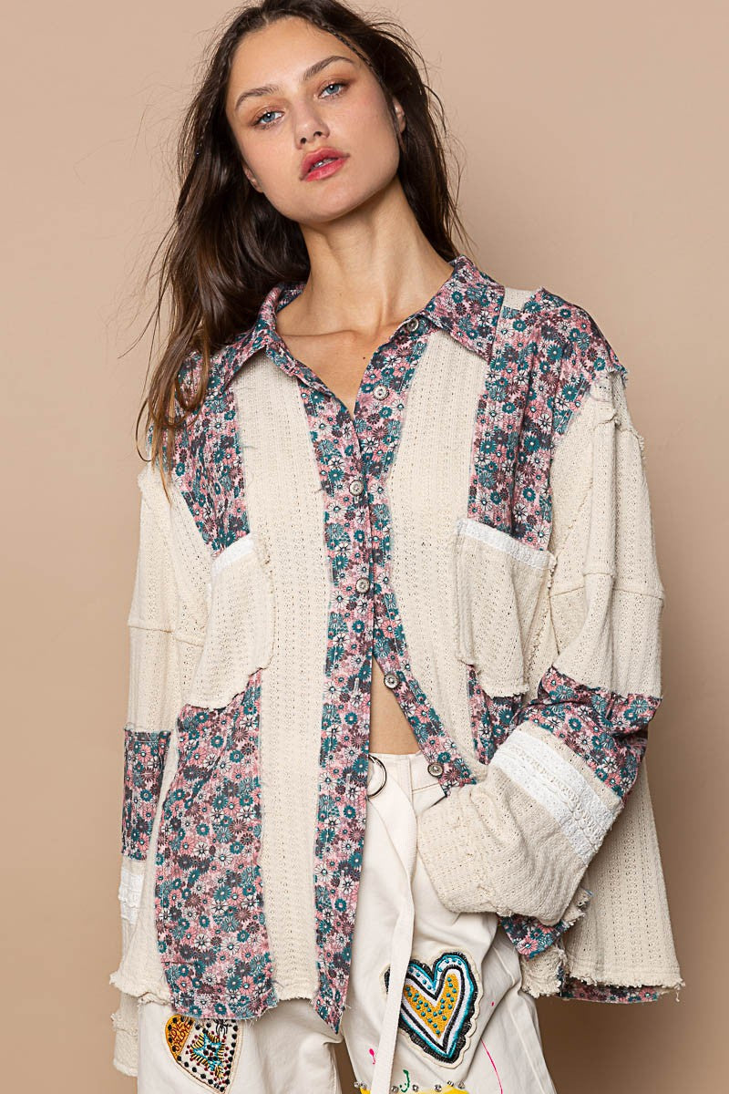 POL Cut And Sew Floral Print Button Down Shirt Top