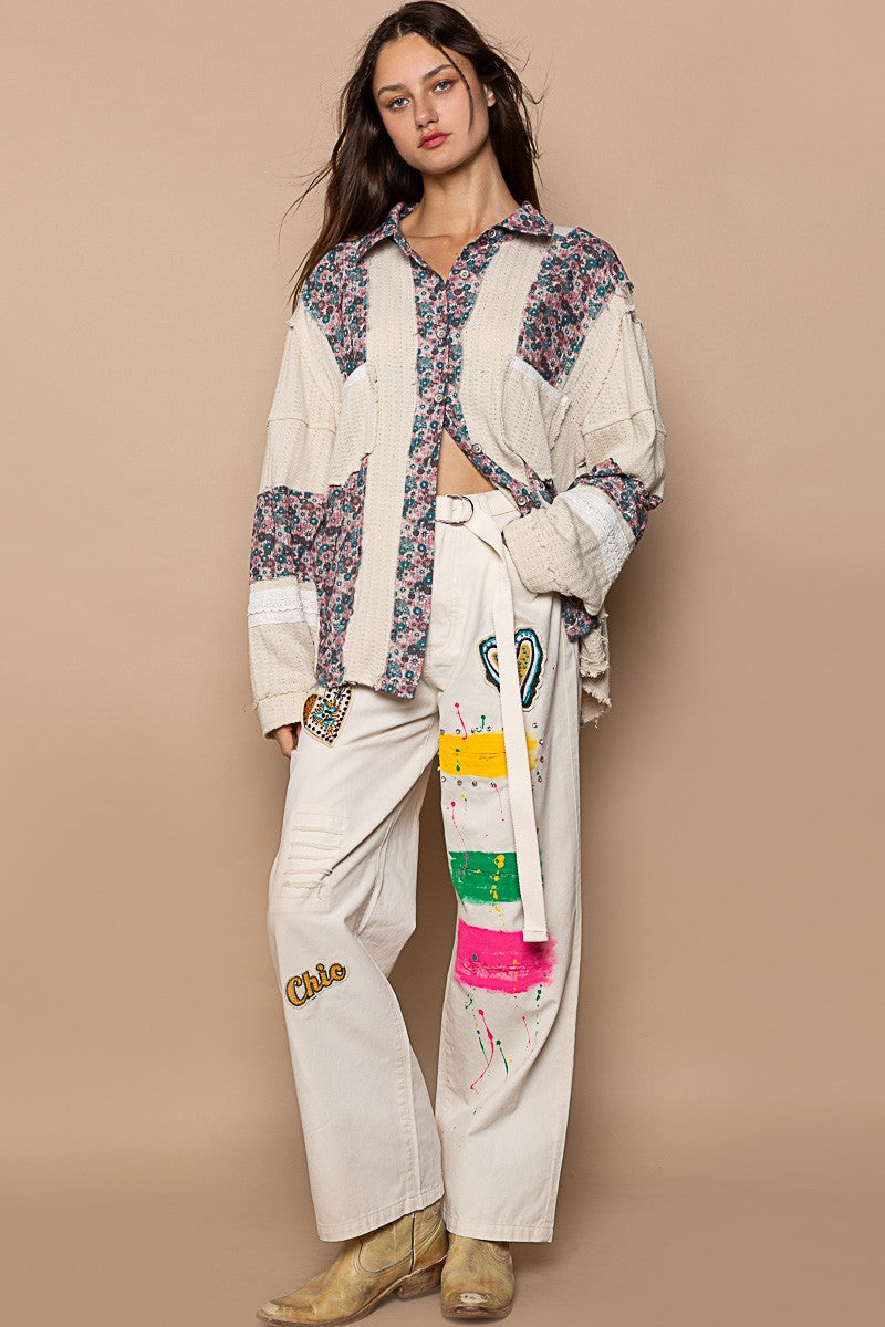 POL Cut And Sew Floral Print Button Down Shirt Top