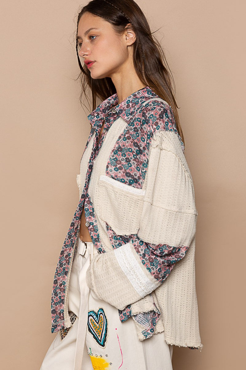 POL Cut And Sew Floral Print Button Down Shirt Top