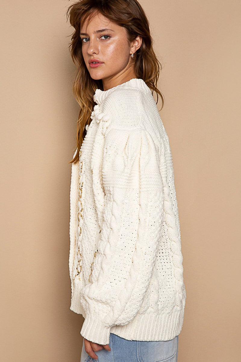 POL Sequin Detailed Balloon Sleeve Solid Cardigan Top