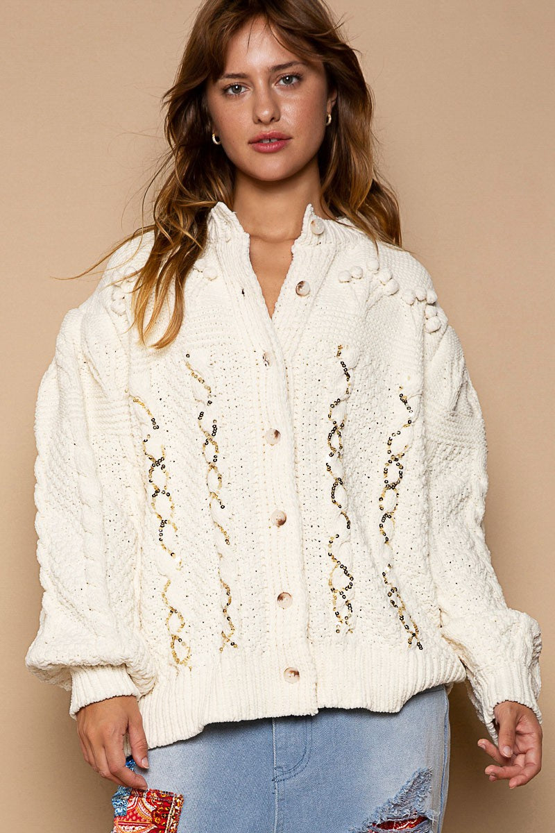 POL Sequin Detailed Balloon Sleeve Solid Cardigan Top