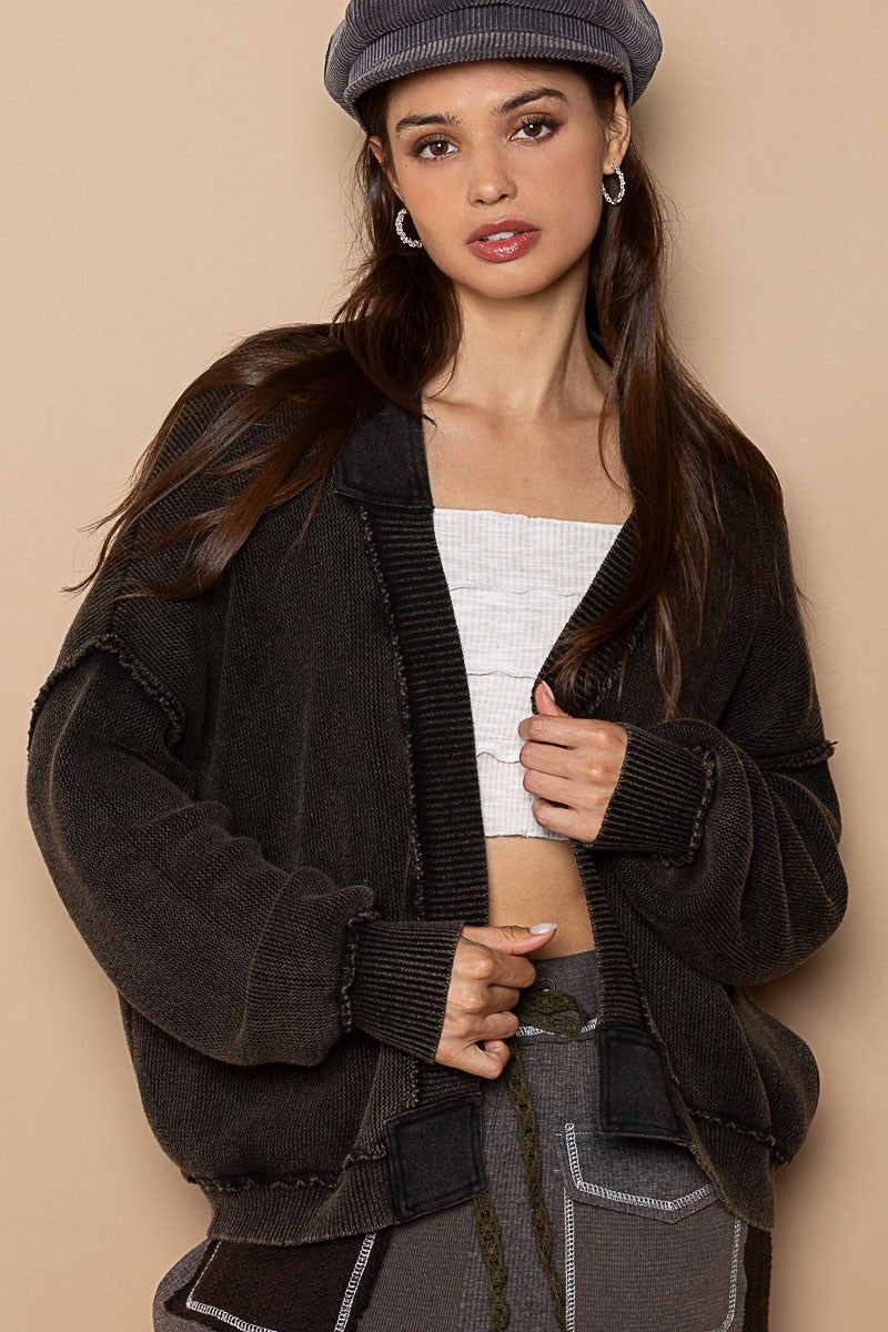 POL Vintage Washed Knit Long Sleeve Sweater Cardigan Top