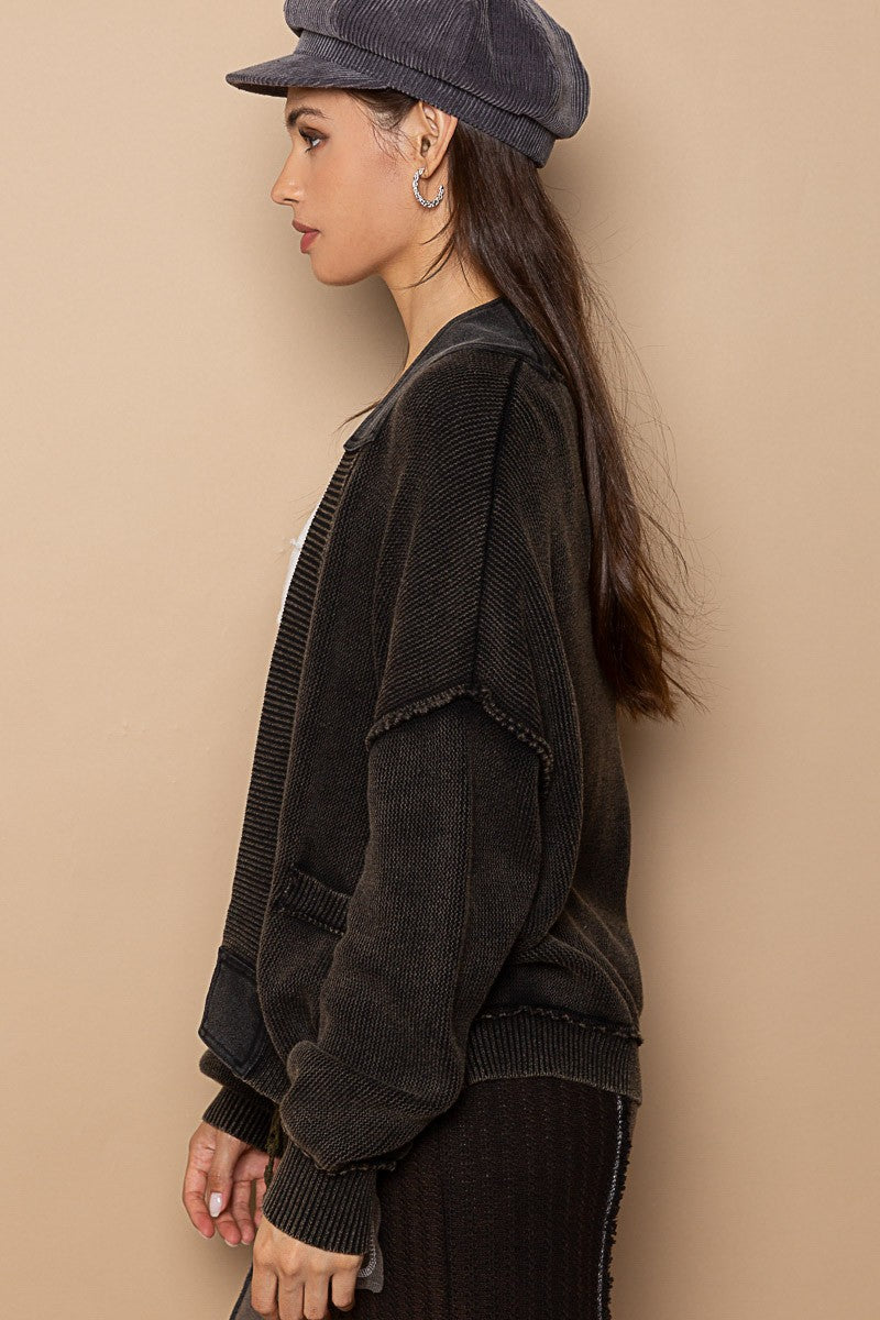POL Vintage Washed Knit Long Sleeve Sweater Cardigan Top