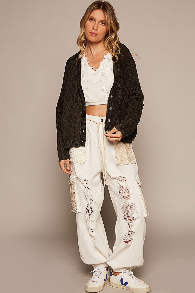 POL  Vintage Wash V Neck Button Down Sweater Cardigan Top