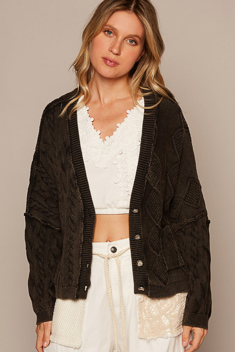 POL  Vintage Wash V Neck Button Down Sweater Cardigan Top