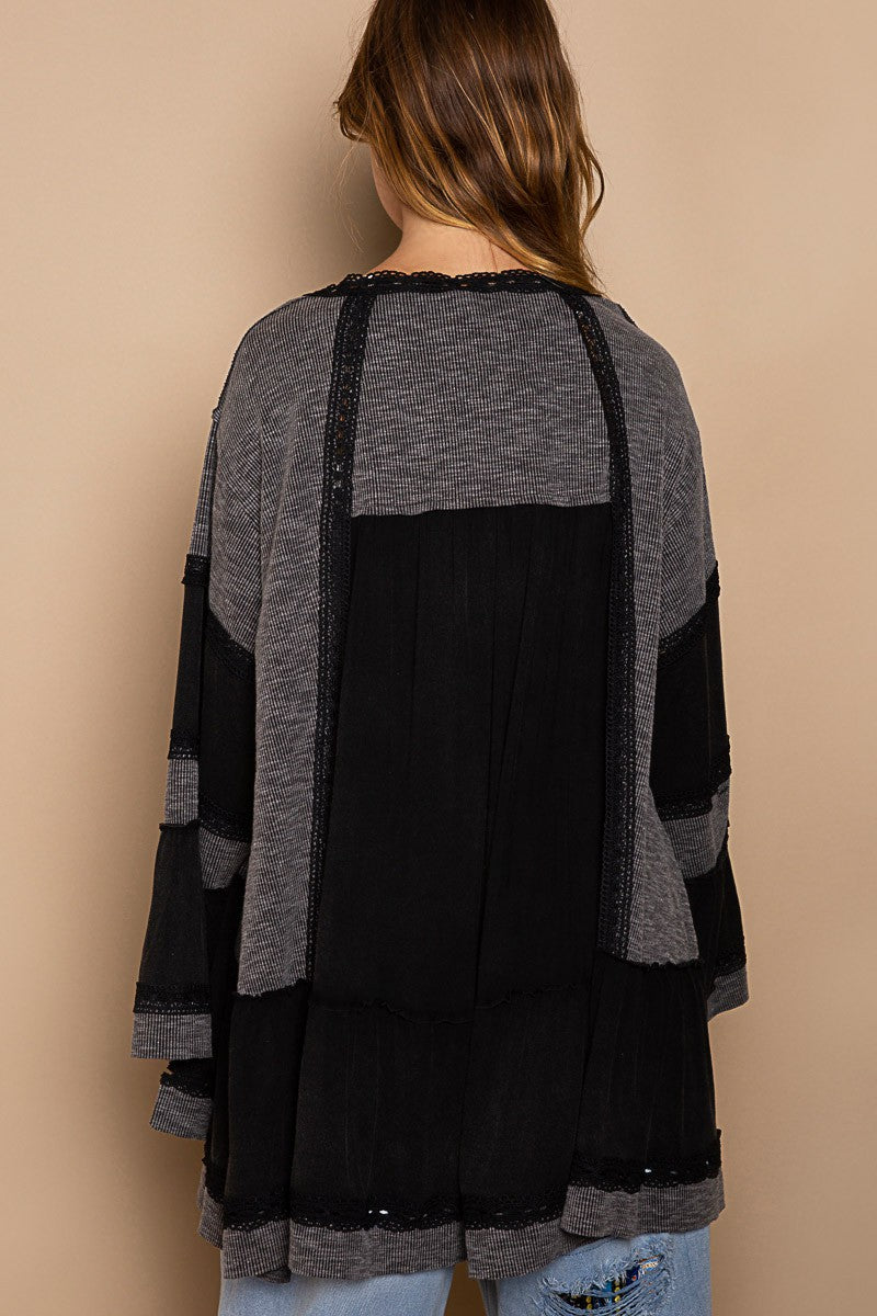 POL Light Weight Bell Sleeve Ribbed Open Cardigan Top
