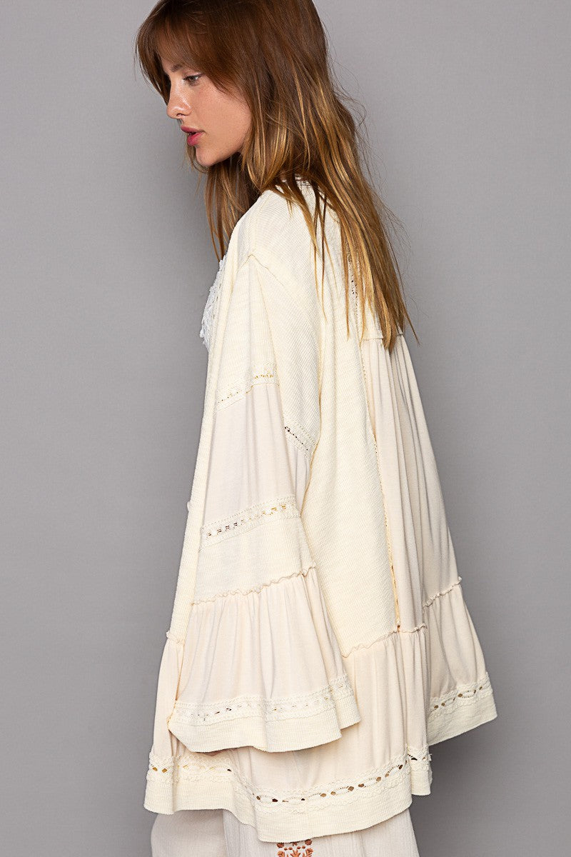 POL Light Weight Bell Sleeve Ribbed Open Cardigan Top