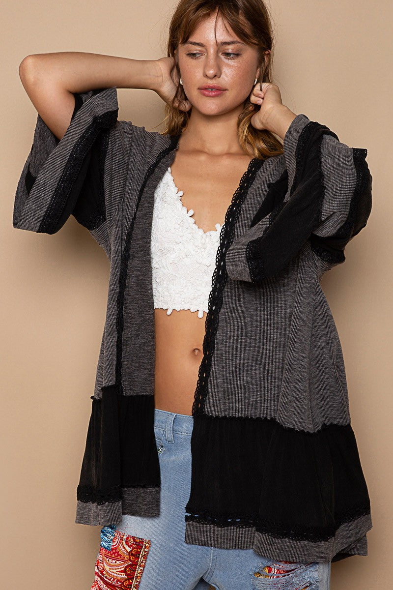 POL Light Weight Bell Sleeve Ribbed Open Cardigan Top