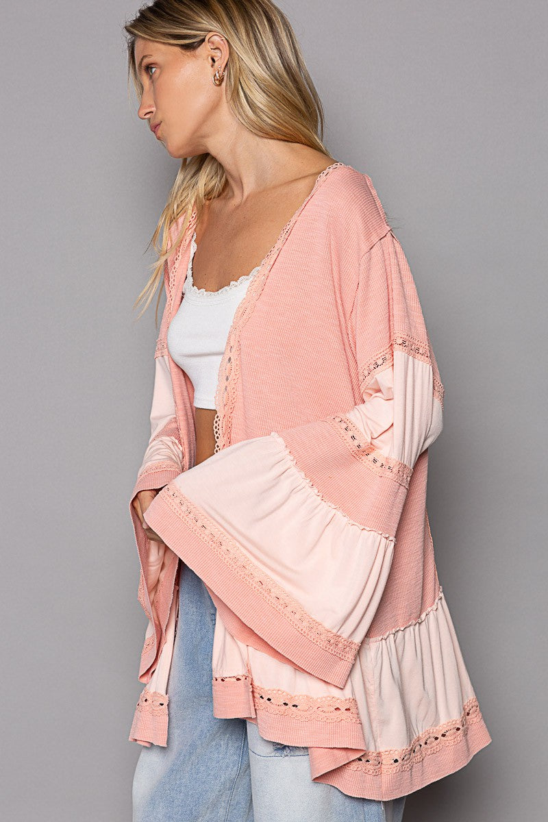 POL Light Weight Bell Sleeve Ribbed Open Cardigan Top