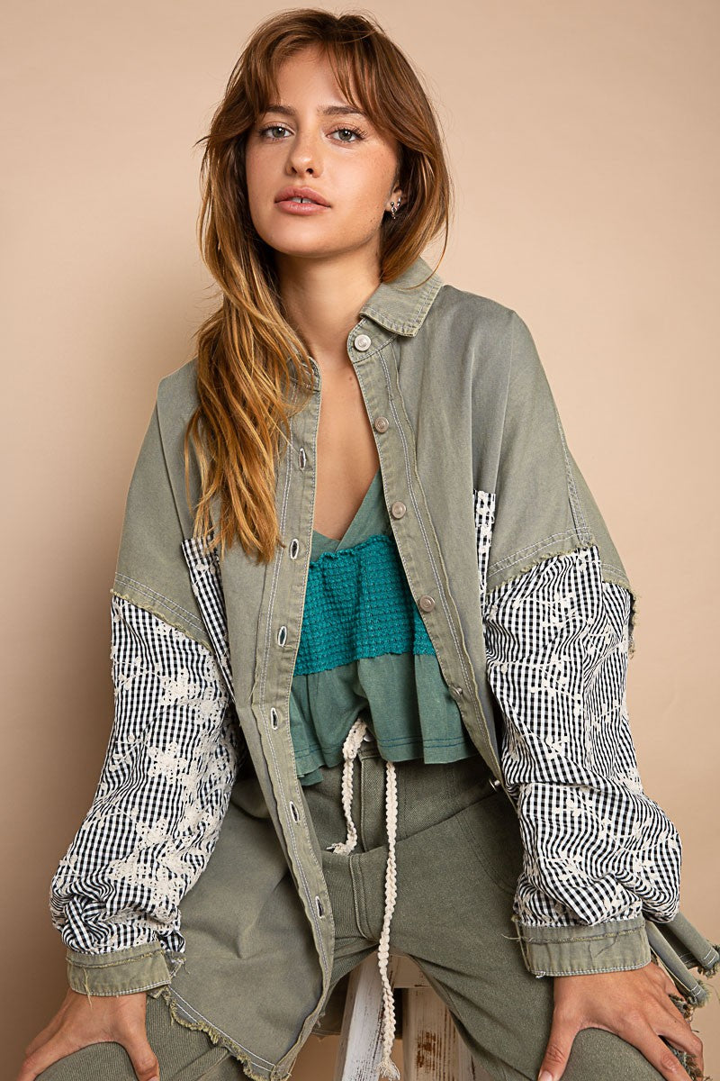 POL Twill Longsleeve Embroidered Check Pattern Raglan Top