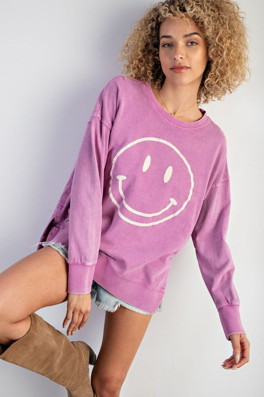 Easel Smiley Face Mineral Washed Cotton Top