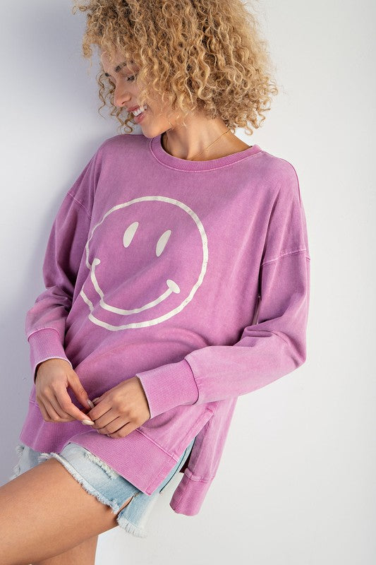 Easel Smiley Face Mineral Washed Cotton Top