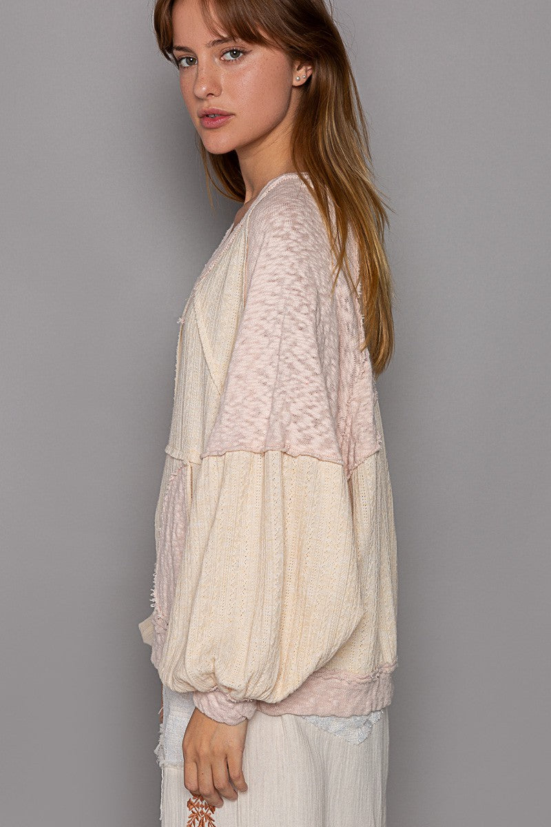 POL Oversized V Neck Outseam Detail Textured Knit Top