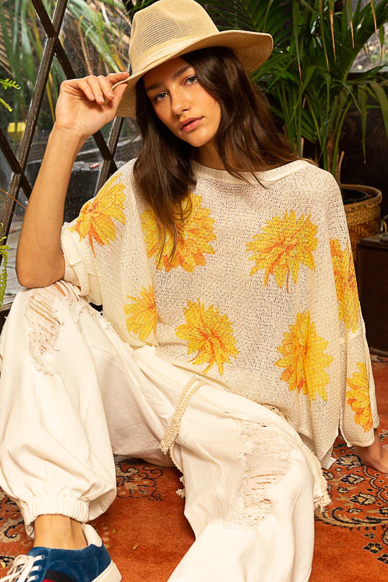 POL Round Neck Flower Print Solid Light Weight Sweater Top