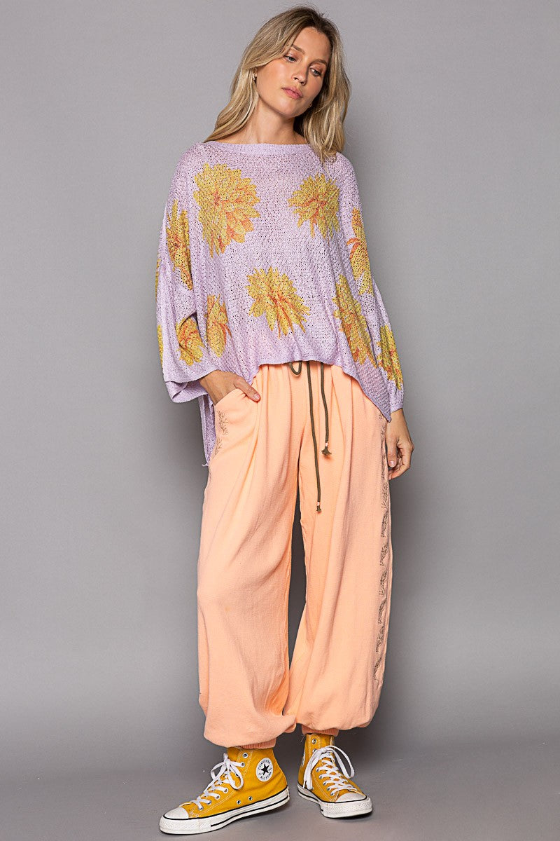 POL Round Neck Flower Print Solid Light Weight Sweater Top