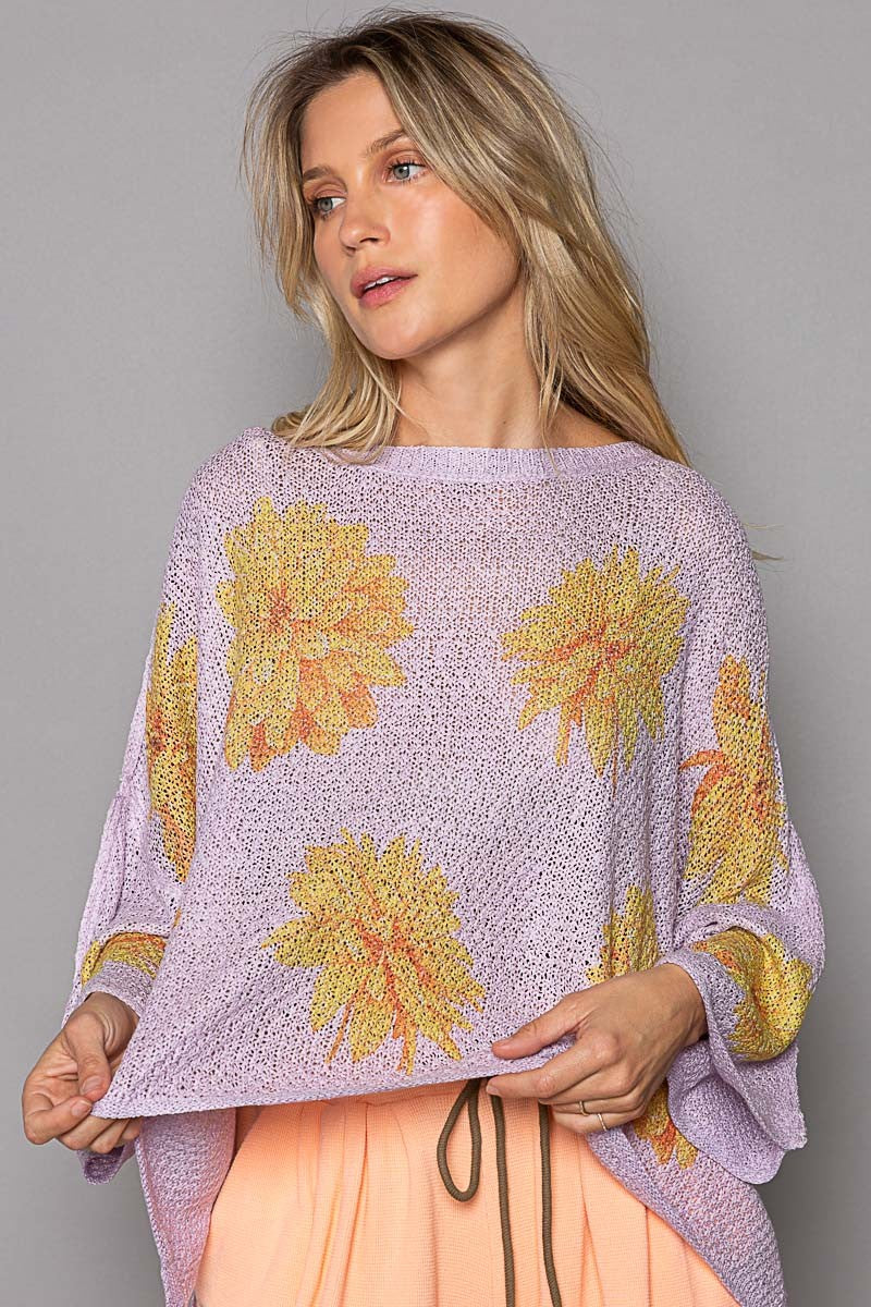 POL Round Neck Flower Print Solid Light Weight Sweater Top