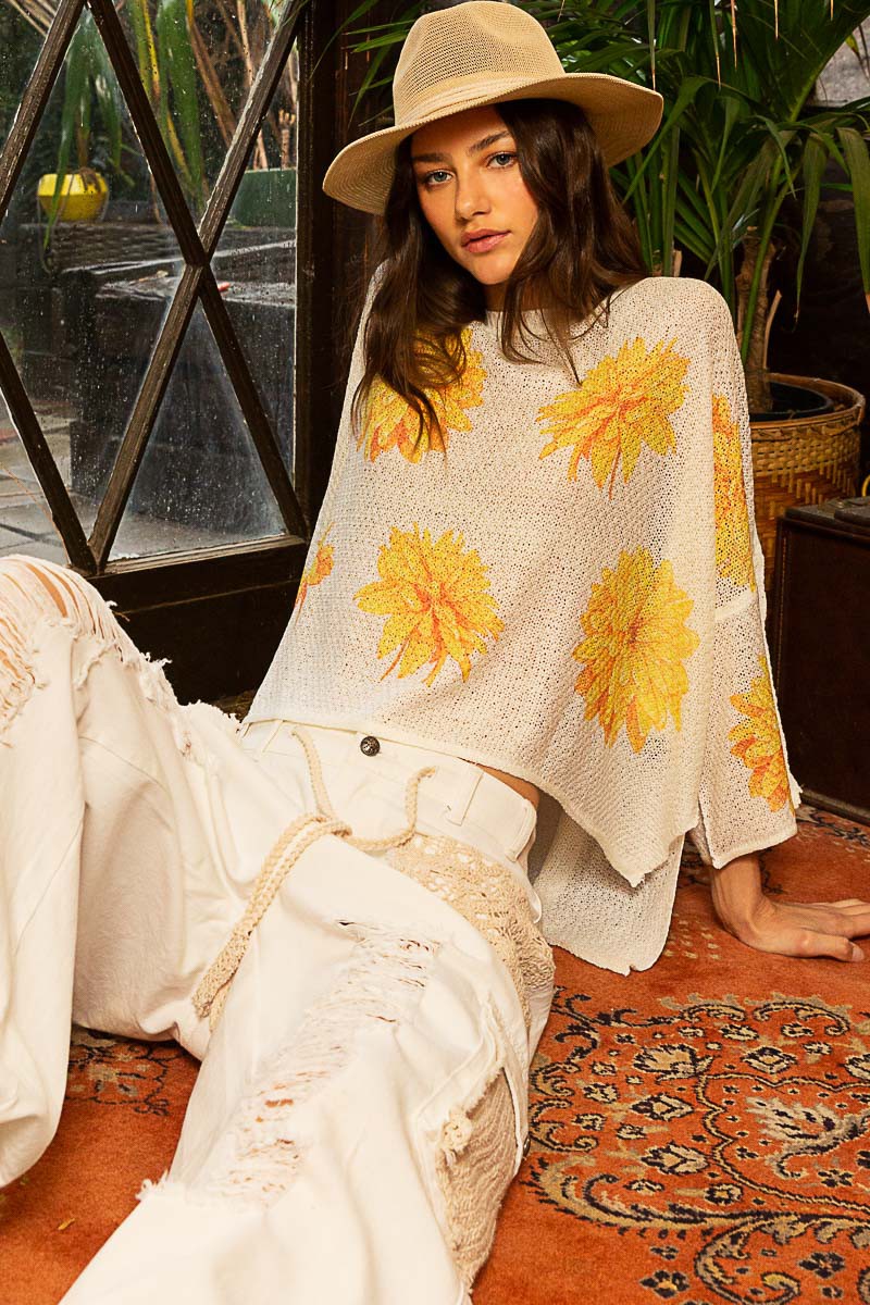 POL Round Neck Flower Print Solid Light Weight Sweater Top