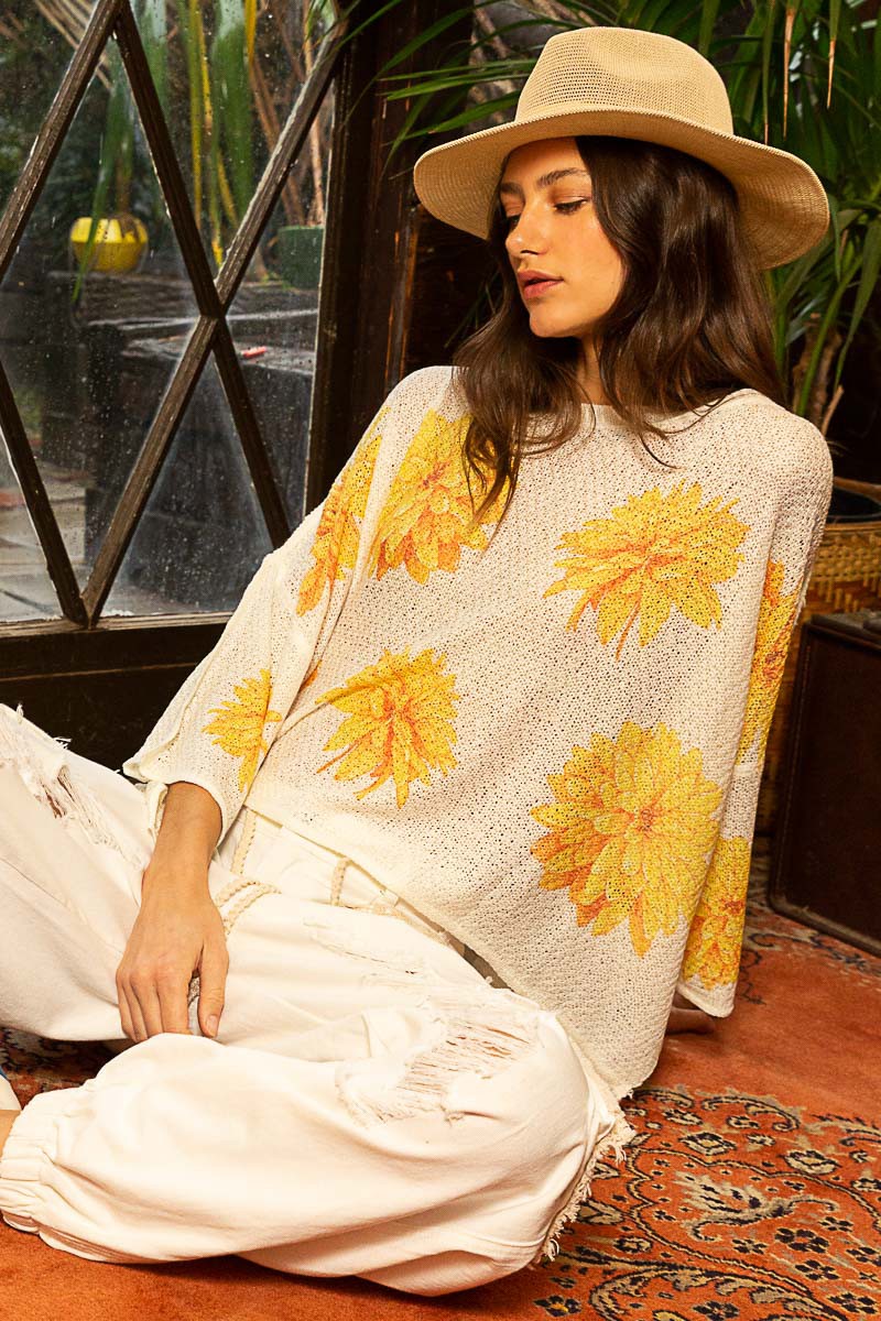 POL Round Neck Flower Print Solid Light Weight Sweater Top