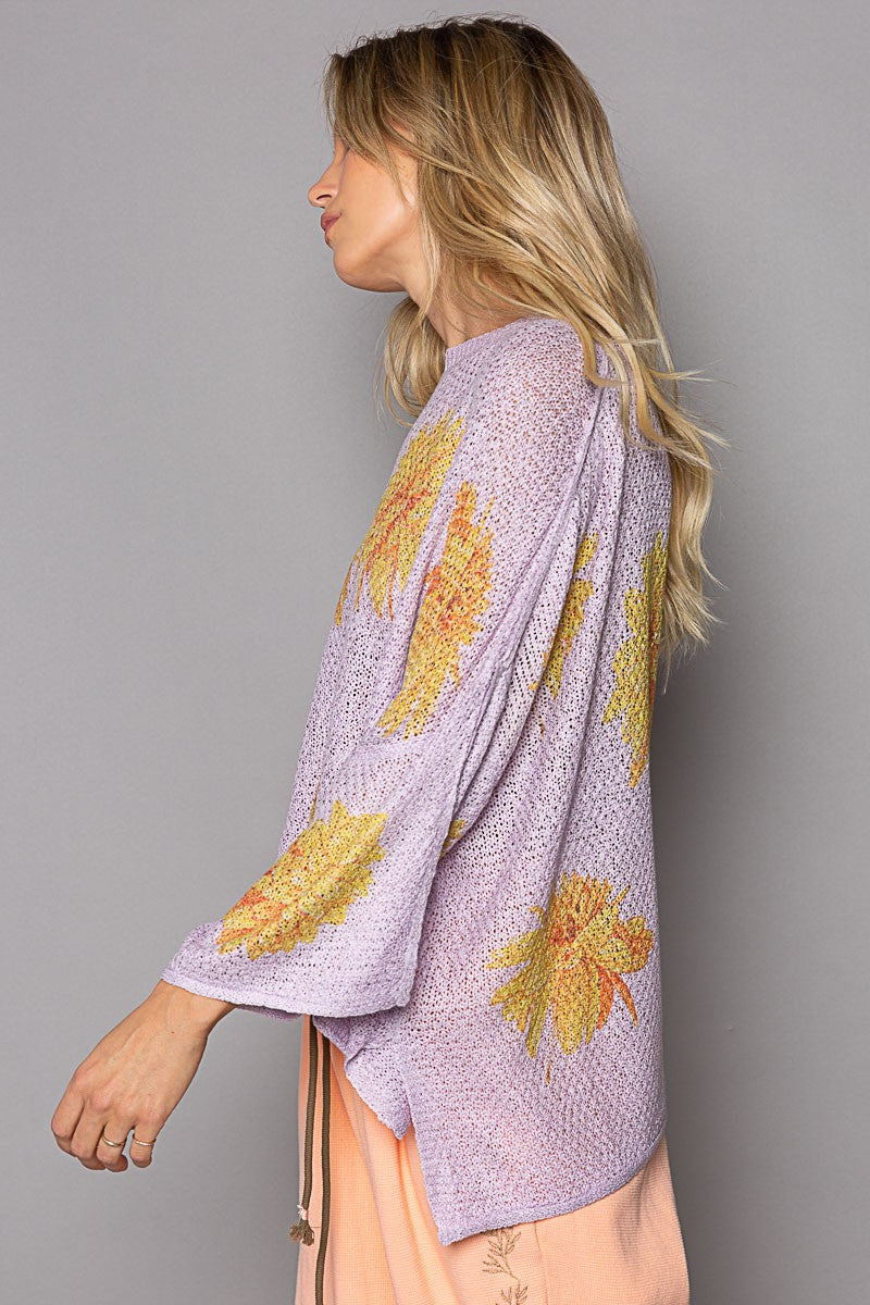 POL Round Neck Flower Print Solid Light Weight Sweater Top