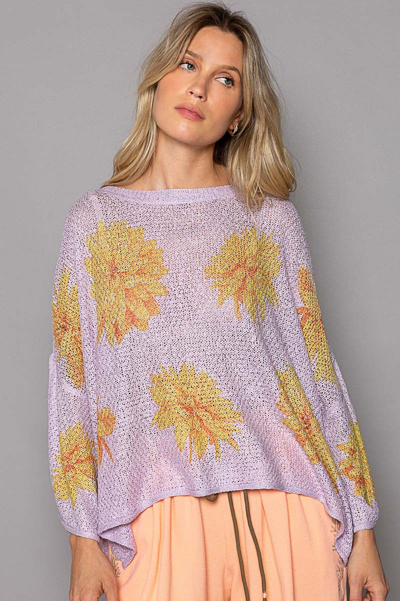 POL Round Neck Flower Print Solid Light Weight Sweater Top