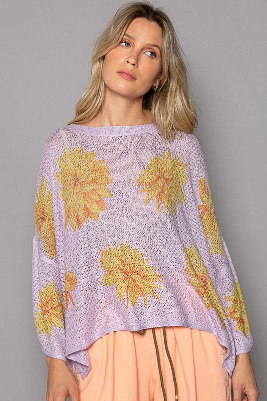 POL Round Neck Flower Print Solid Light Weight Sweater Top