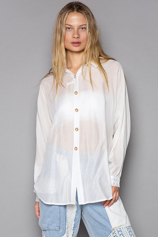 POL Open Back Batwing Long Sleeve Button Down Shirt Top