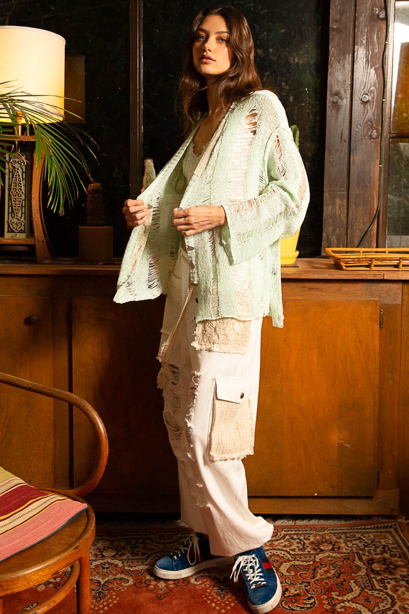 POL Long Sleeve Distressed Lace Trim V Neck Cardigan Top