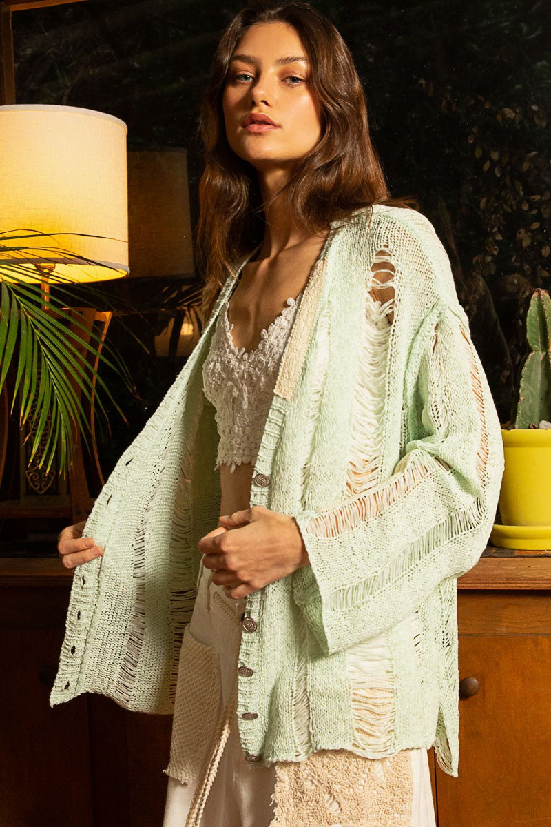 POL Long Sleeve Distressed Lace Trim V Neck Cardigan Top