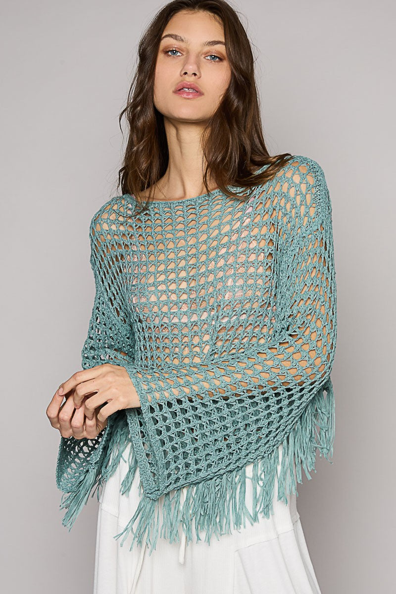 POL Oversize Boat Neck Long Sleeve Fringe Pullover Top