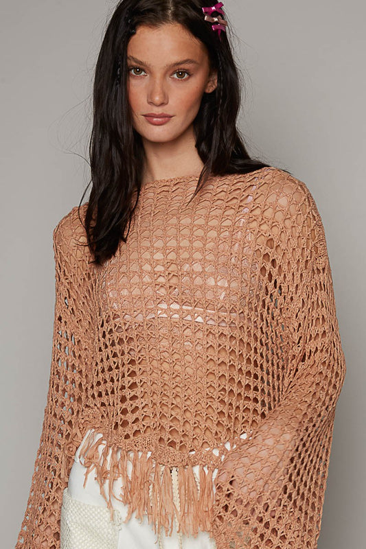 POL Oversize Boat Neck Long Sleeve Fringe Pullover Top