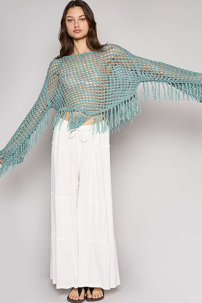 POL Oversize Boat Neck Long Sleeve Fringe Pullover Top