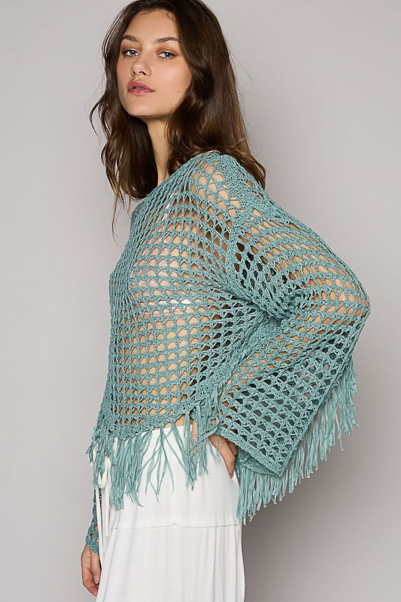 POL Oversize Boat Neck Long Sleeve Fringe Pullover Top