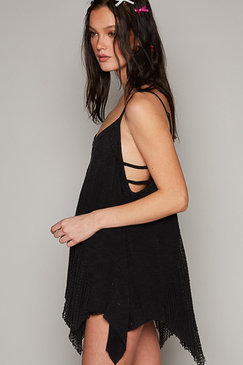 POL Vintage Wash V Neck Sleeveless Crochet Contrast Raw Edge Top