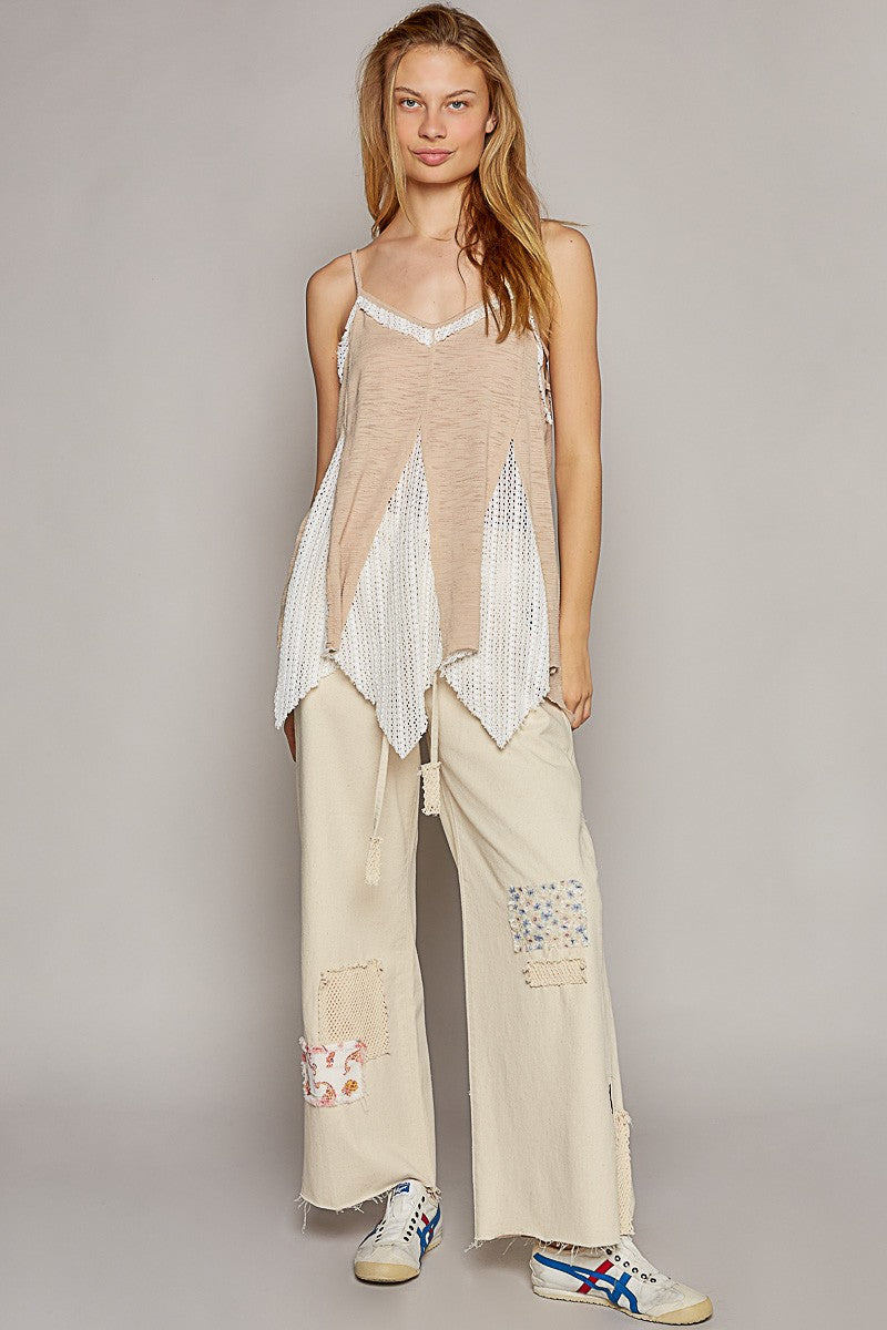 POL Vintage Wash V Neck Sleeveless Crochet Contrast Raw Edge Top
